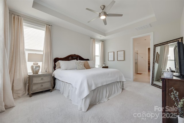 3029 Trace Meadow Ct, York, SC 29745 - bedroom with a ceiling fan, a tray ceiling, carpet floors, visible vents, and ornamental molding