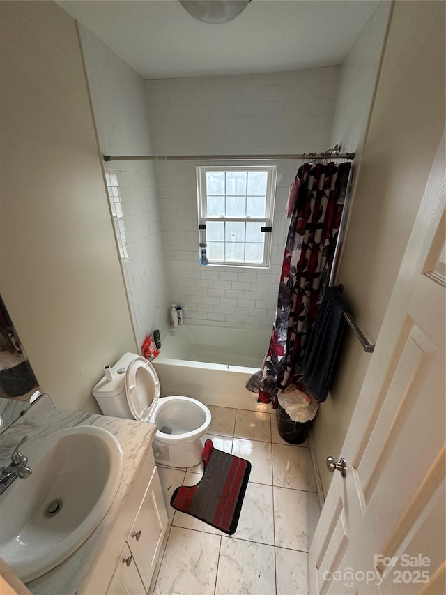 full bathroom featuring vanity, toilet, marble finish floor, and shower / tub combo with curtain