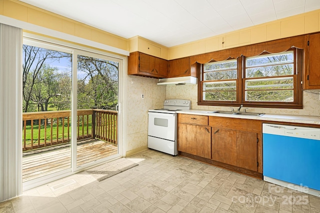 kitchen with a sink, dishwasher, light countertops, under cabinet range hood, and white range with electric stovetop
