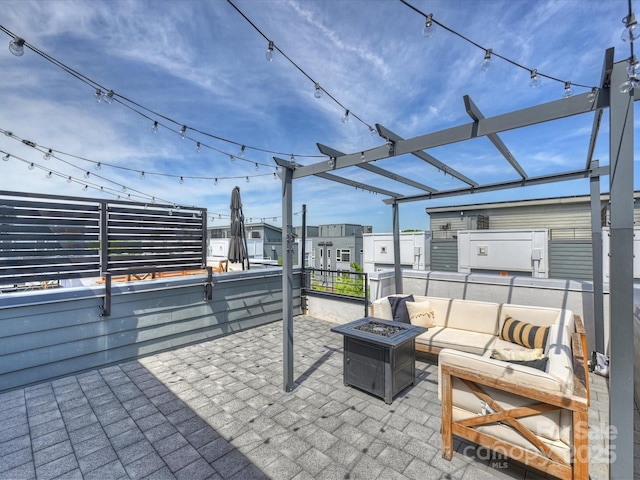 520 Sedgefield Park Dr, Charlotte, NC 28203 - view of patio with a pergola, an outdoor living space with a fire pit, and a residential view