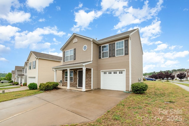 3033 Green Apple Dr, Dallas, NC 28034 - traditional-style home with a front lawn, concrete driveway, a porch, and an attached garage