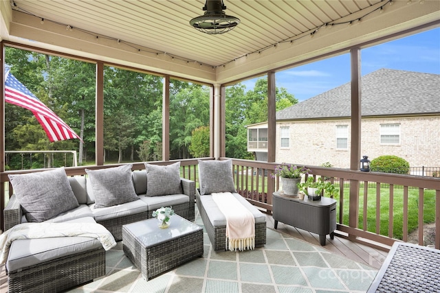 2655 Stonewood Vw, Kannapolis, NC 28081 - sunroom featuring an outdoor hangout area, rail lighting, and ceiling fan