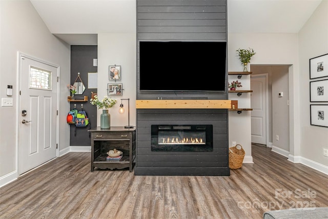 living room with baseboards, wood finished floors, and a glass covered fireplace