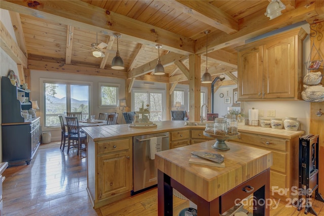 kitchen featuring tile countertops, dishwasher, light wood-style flooring, wooden ceiling, and a peninsula