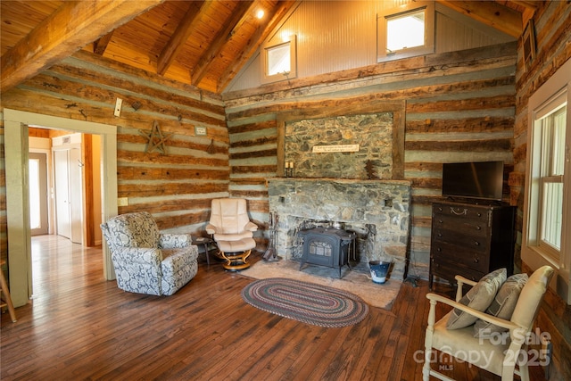 living room featuring high vaulted ceiling, wood ceiling, a wood stove, beamed ceiling, and wood-type flooring