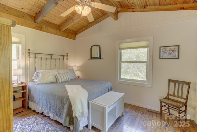 bedroom featuring lofted ceiling with beams, baseboards, visible vents, wooden ceiling, and wood-type flooring