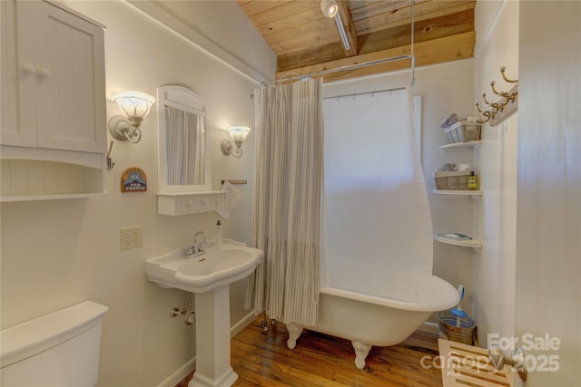 full bath with wood finished floors, toilet, wooden ceiling, a bathing tub, and a shower with shower curtain