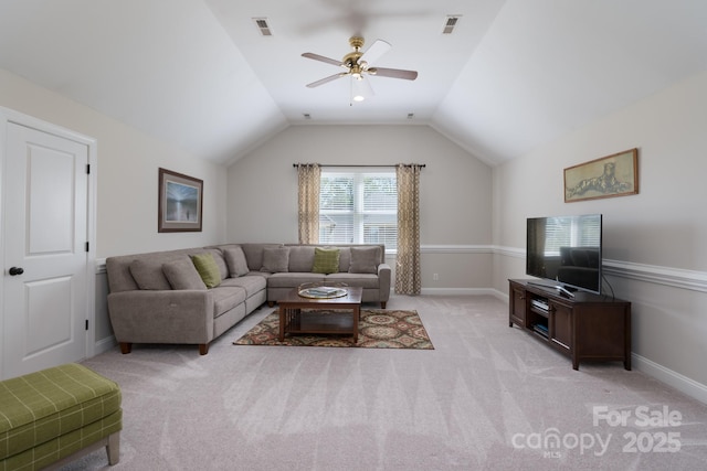 living area featuring visible vents, lofted ceiling, light carpet, baseboards, and ceiling fan