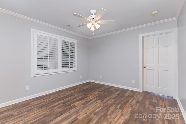 1468 Woodhurst Dr, Rock Hill, SC 29732 - empty room featuring a ceiling fan, crown molding, dark wood-style flooring, and a smoke detector