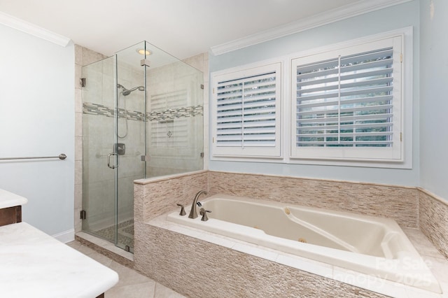 1468 Woodhurst Dr, Rock Hill, SC 29732 - full bath with a whirlpool tub, vanity, a shower stall, crown molding, and tile patterned flooring