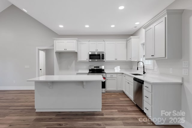 252 Big Lick Rd, Stanfield, NC 28163 - kitchen with stainless steel appliances, a sink, a kitchen island, and dark wood finished floors