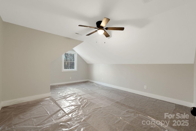 252 Big Lick Rd, Stanfield, NC 28163 - bonus room with vaulted ceiling, visible vents, a ceiling fan, carpet floors, and baseboards