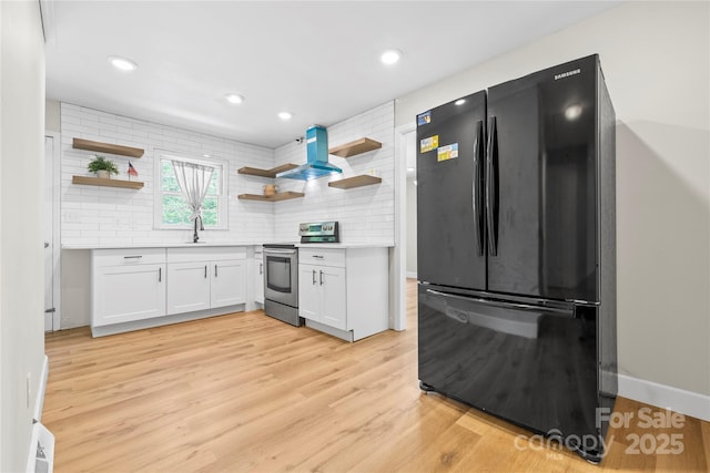1053 Stoneybrook Ln, Rock Hill, SC 29730 - kitchen featuring freestanding refrigerator, open shelves, electric stove, wall chimney exhaust hood, and recessed lighting