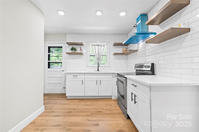 1053 Stoneybrook Ln, Rock Hill, SC 29730 - kitchen with open shelves, stainless steel electric range, backsplash, white cabinets, and recessed lighting