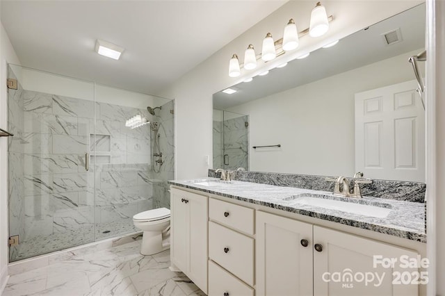 bathroom with visible vents, marble finish floor, toilet, and a sink