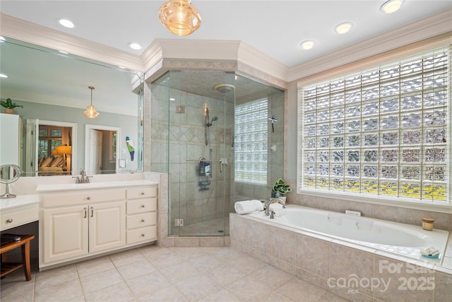 3420 Maryhurst Ln, Charlotte, NC 28226 - bathroom with a shower stall, a bath, vanity, tile patterned flooring, and crown molding