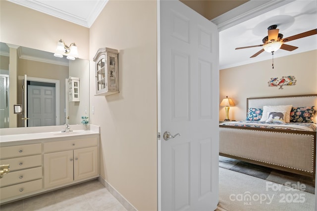 3420 Maryhurst Ln, Charlotte, NC 28226 - bathroom with crown molding, ceiling fan, baseboards, vanity, and tile patterned floors