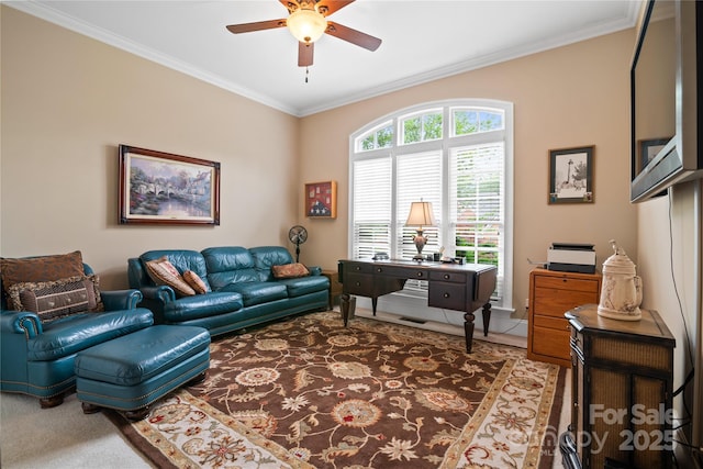 3420 Maryhurst Ln, Charlotte, NC 28226 - living area featuring ceiling fan and crown molding