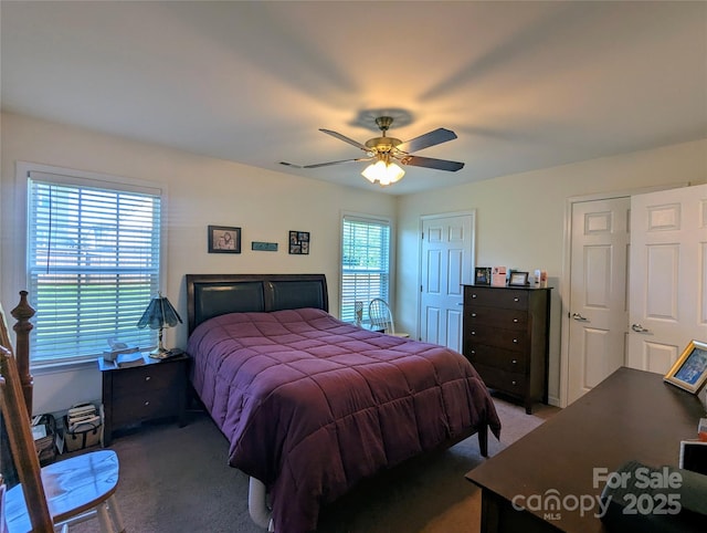 bedroom featuring carpet flooring and a ceiling fan