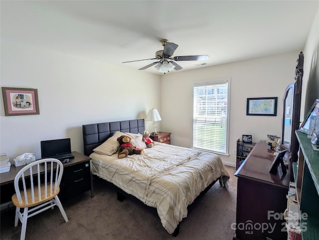 bedroom featuring dark colored carpet, a ceiling fan, and visible vents