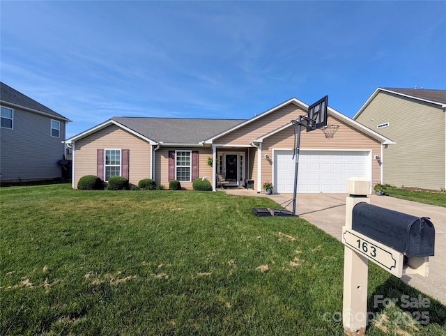 ranch-style home with a garage, driveway, and a front yard