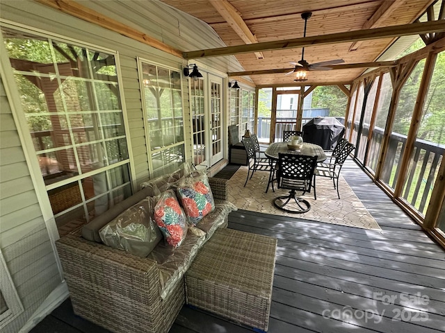 127 Hummingbird Cir, New London, NC 28127 - sunroom featuring outdoor dining area, beamed ceiling, french doors, and ceiling fan