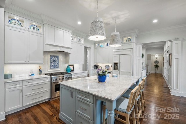 kitchen featuring white cabinetry, high end appliances, and a center island