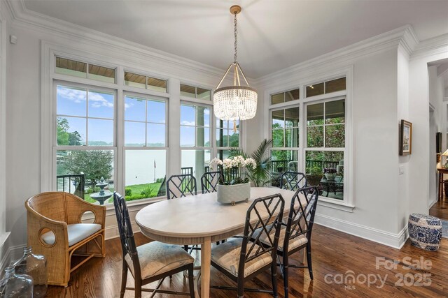 dining room with an inviting chandelier, a water view, baseboards, and plenty of natural light
