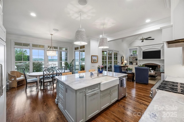 kitchen with a ceiling fan, a healthy amount of sunlight, a sink, gray cabinetry, and stainless steel appliances