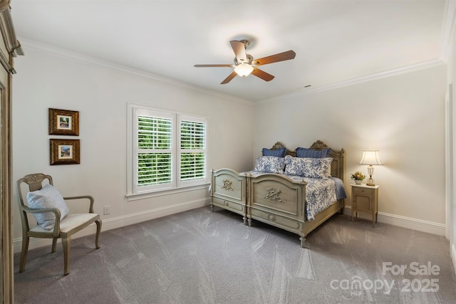 carpeted bedroom featuring baseboards, ornamental molding, and ceiling fan