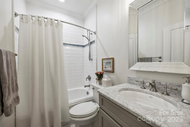 full bathroom with crown molding, shower / bath combo, toilet, and vanity
