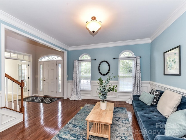 6005 Abergele Ln, Matthews, NC 28104 - foyer featuring wood-type flooring, ornamental molding, and a wainscoted wall