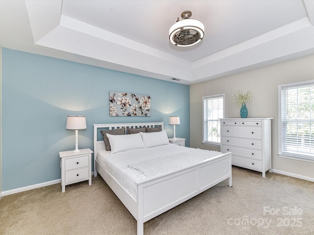 6005 Abergele Ln, Matthews, NC 28104 - bedroom featuring a tray ceiling, light colored carpet, multiple windows, and baseboards