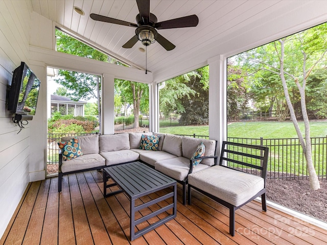 6005 Abergele Ln, Matthews, NC 28104 - sunroom with a ceiling fan and an outdoor hangout area