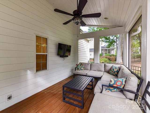 6005 Abergele Ln, Matthews, NC 28104 - sunroom featuring ceiling fan and outdoor lounge area