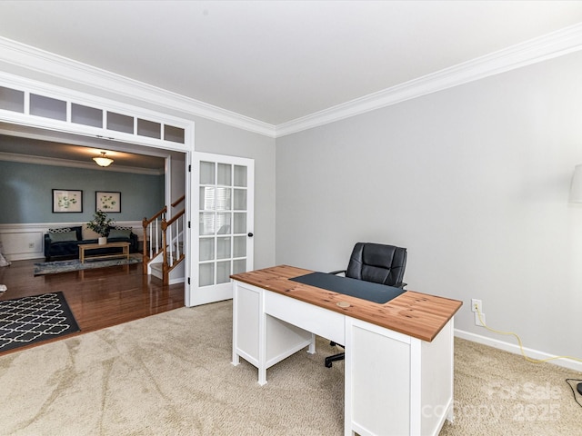 6005 Abergele Ln, Matthews, NC 28104 - office with light colored carpet, ornamental molding, and french doors