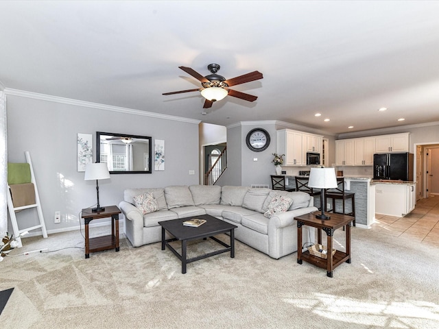 6005 Abergele Ln, Matthews, NC 28104 - living area featuring crown molding, light colored carpet, a ceiling fan, baseboards, and recessed lighting