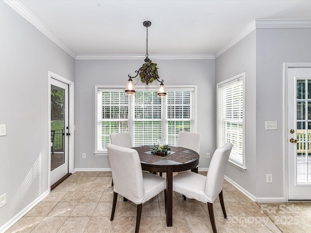 6005 Abergele Ln, Matthews, NC 28104 - dining space with ornamental molding, light tile patterned floors, and a healthy amount of sunlight
