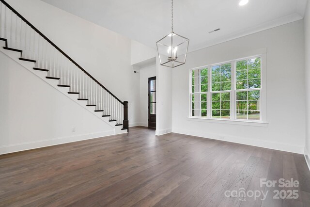 6712 Cove Ln, Sherrills Ford, NC 28673 - foyer featuring stairs, a chandelier, dark wood-style flooring, baseboards, and recessed lighting