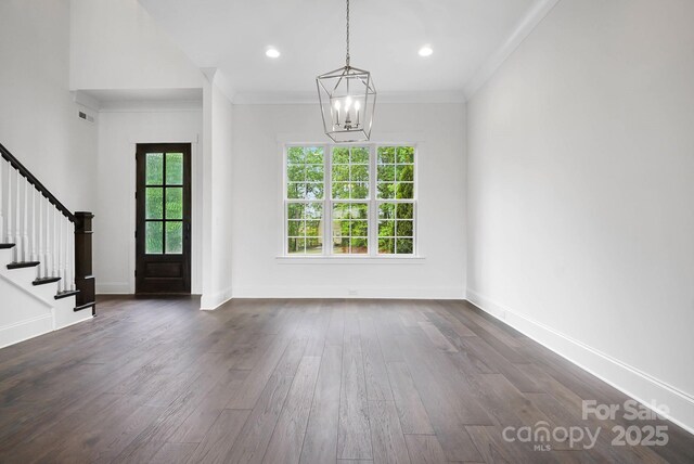 6712 Cove Ln, Sherrills Ford, NC 28673 - entrance foyer with stairs, healthy amount of natural light, a chandelier, dark wood-style floors, and ornamental molding