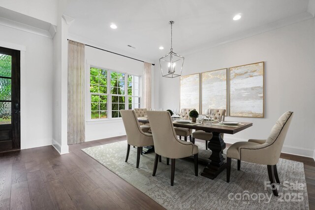 6712 Cove Ln, Sherrills Ford, NC 28673 - dining space featuring a chandelier, dark wood-type flooring, baseboards, and recessed lighting