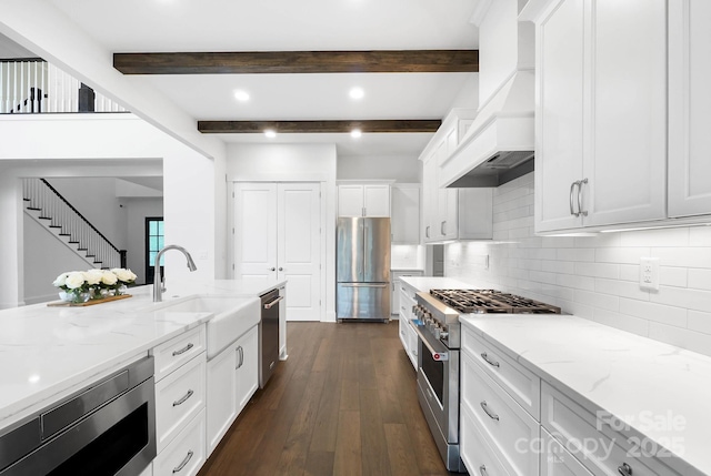 6712 Cove Ln, Sherrills Ford, NC 28673 - kitchen with appliances with stainless steel finishes, a sink, white cabinets, custom range hood, and backsplash