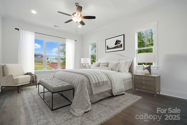 6712 Cove Ln, Sherrills Ford, NC 28673 - bedroom with multiple windows, dark wood-type flooring, recessed lighting, and ornamental molding