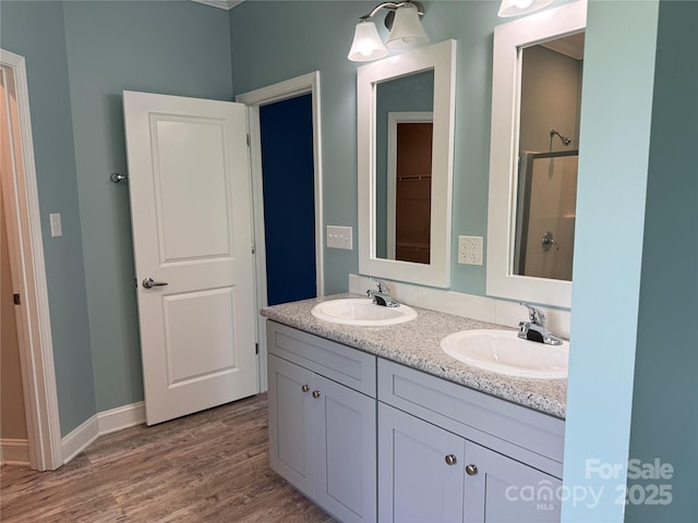 1508 Pennsylvania Ave, Hendersonville, NC 28739 - full bath with double vanity, wood finished floors, and a shower