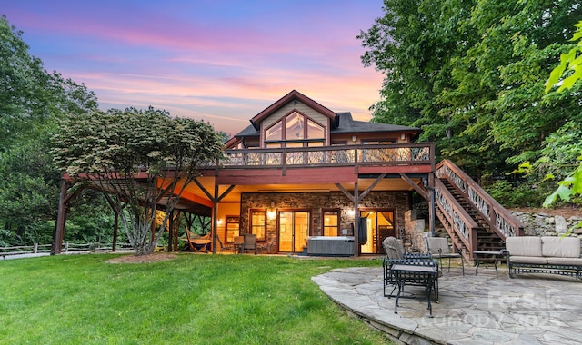 300 Falls View Dr, Lake Toxaway, NC 28774 - back of house with a patio, a yard, a deck, and stone siding