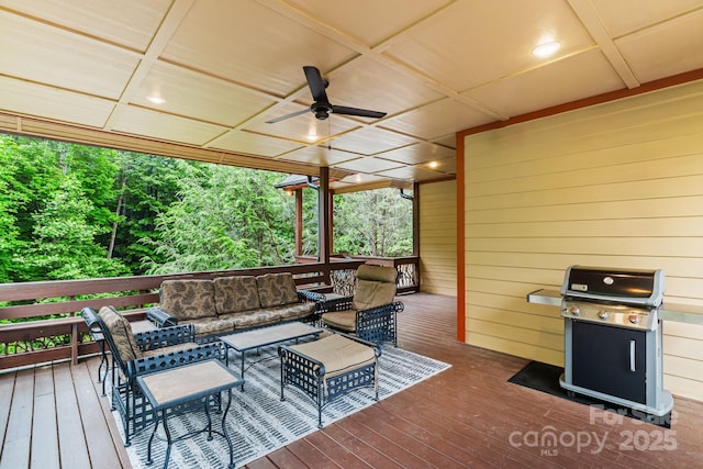 300 Falls View Dr, Lake Toxaway, NC 28774 - wooden deck with grilling area, an outdoor living space, and a ceiling fan