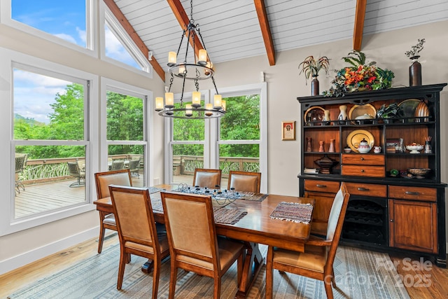 300 Falls View Dr, Lake Toxaway, NC 28774 - dining room featuring a chandelier, wooden ceiling, light wood-type flooring, and plenty of natural light
