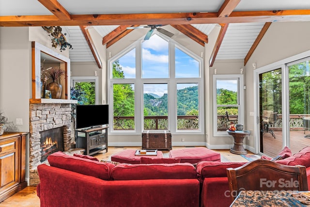 300 Falls View Dr, Lake Toxaway, NC 28774 - living room with light wood-style floors, a fireplace, and ceiling fan