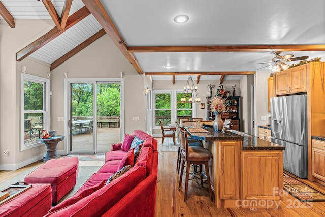 300 Falls View Dr, Lake Toxaway, NC 28774 - living area with light wood-style floors, a ceiling fan, a chandelier, and recessed lighting