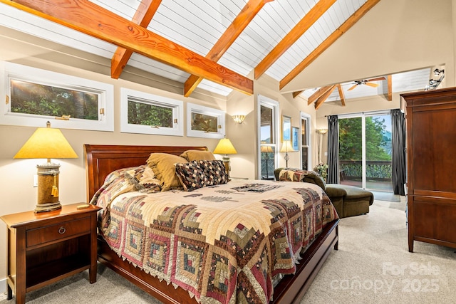 300 Falls View Dr, Lake Toxaway, NC 28774 - bedroom with light carpet, access to outside, beam ceiling, and high vaulted ceiling